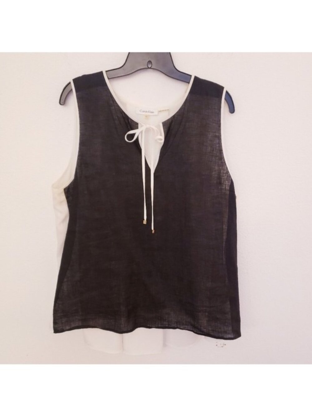 Calvin Klein Black/White Sheer Linen Mixed Media Sleeveless Top w/Tie Sz XL EUC